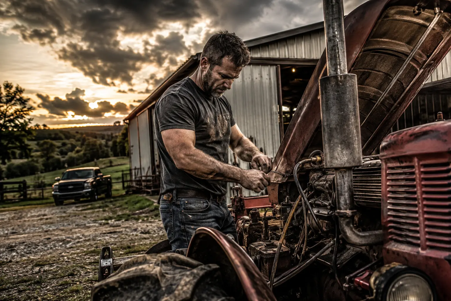 A man repairing a tractor outside a barn at sunset, a pickup and open pasture behind him