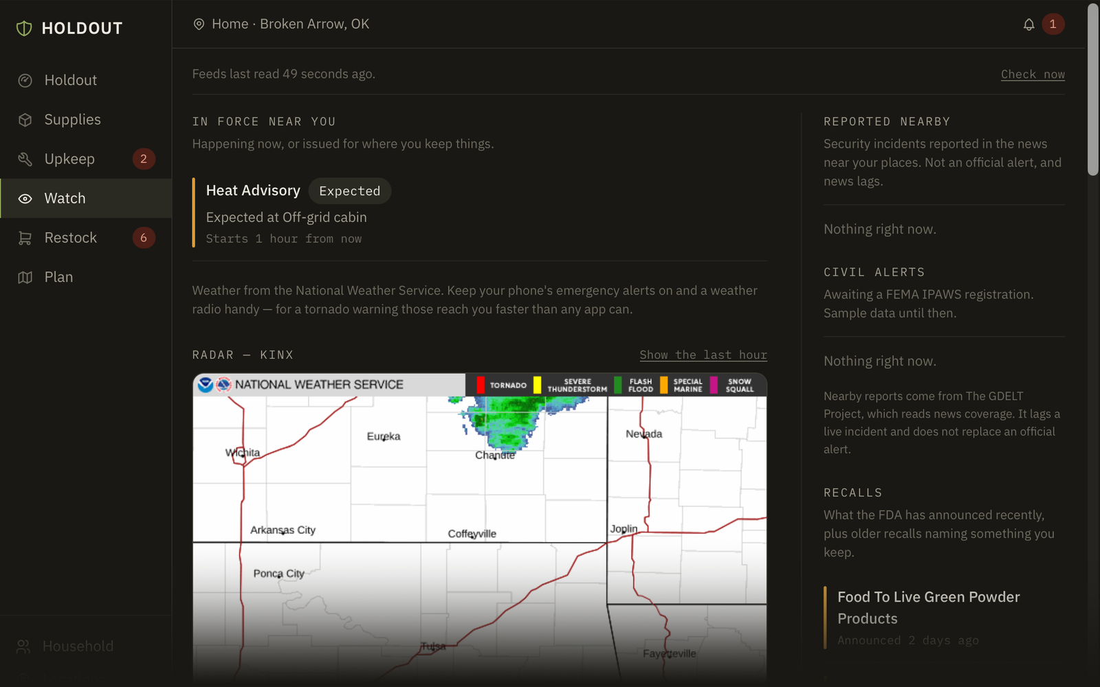The watch screen, showing radar and alerts matched to the household
